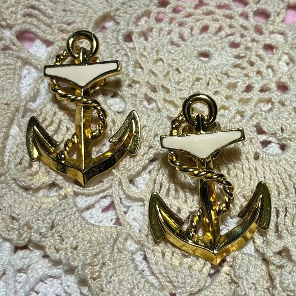 Nautical Gold and Cream Anchor Earrings - Picture 2 of 5
